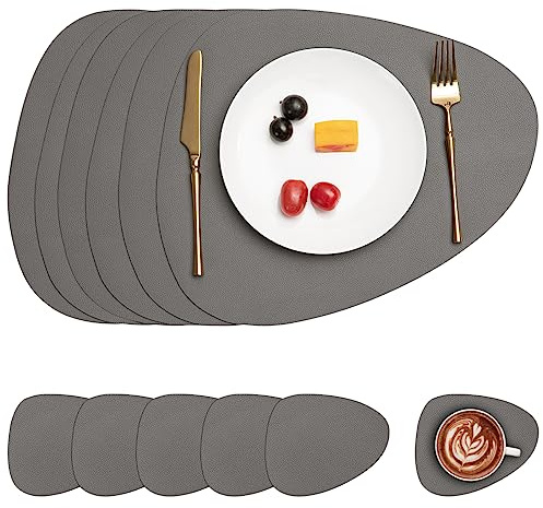 Myir JUN Tischsets abwaschbar doppelseitige Platzdeckchen abwaschbar | 6er Set Platzsets abwaschbar wasserdichte rutschfeste Oval Tischsets aus Kunstleder Untersetzer Teller in Lederoptik