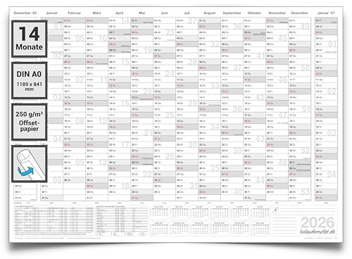 Din A0 XXL Jahresplaner Kalender Wandkalender 2026 14 Monats Übersicht grau 118,8x84,0cm groß gerollt. Wandplaner, Jahreskalender in deutscher Sprache von Kalenderoutlet
