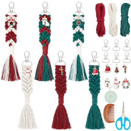 INFUNLY 6 Set Weihnachts-Makramee-Schlüsselanhänger-Set Für Erwachsene DIY-Makramee-Armband-Sets Makramee-Boho-Schlüsselanhänger Taschenanhänger Armband Mit Quasten Anleitung Für Auto Handtasche