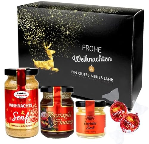 Geschenk Süße Adventszeit mit Weihnachtssenf, Bratapfel Chutney, Eierlikör Zimt & Pralinen