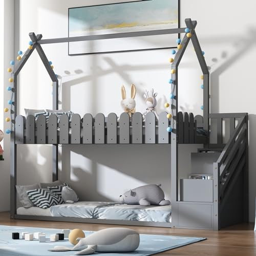 KnSam Hausbett mit 3 Treppe, mit 2 Schubladen, Zaun, Etagenbett, Kinderbett Bettgestell Hochbett, Grau