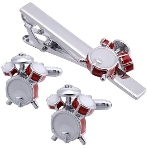 Beydodo Manschettenknöpfe und Krawattennadel Set, Krawattenklammer Manschettenknopf Personalisiert Herren Rot Jazztrommel, Silber