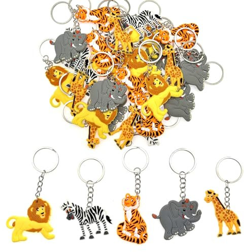 JZK Set di 30 portachiavi con animali della giungla per bambini, portachiavi con animali selvatici per bambini bomboniere di compleanno omaggi regalo di ringraziamento, zebra, tigre, leone, elefante,