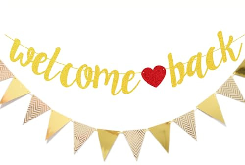 Glitzer Welcome Back Girlande Mit Wimpel, Willkommen Zuhause Banner Gold, Papier Zurück Deko, Welcome Home, Herzlich Willkommen für Einschulung, Klassenzimmer, Familie