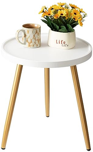 danpinera Beistelltisch Rund, 38 * 45cm Kleiner Tisch, beistelltisch rund Holz für nachttisch, Gold Tisch Klein, Pflanzen hocker, Balkon, Kleiner beistelltisch Beinen aus Metall, Weiß & Gold