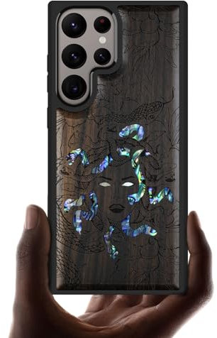 Carveit Designer Wooden Case for Samsung Galaxy S24 Ultra Case [Wood Engraving & Shell Inlay] Compatible with Wireless Chargers S24 Ultra Case (The Medusa Enigma-Blackwood)