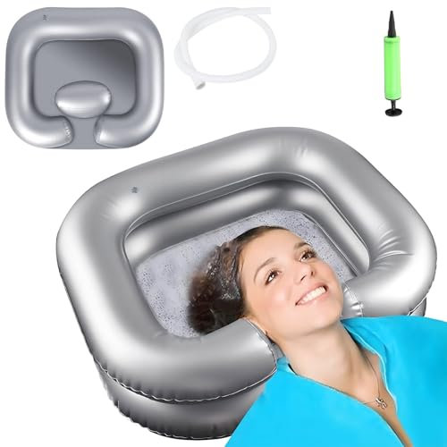 Inflatable Shampoo Basin - Portable Hair Washing Tray for Disabled, Elderly, Bedridden - Leak-Proof, with Neck Support & Drain Hose - Perfect for Dreadlocks, Curly & Thick Hair(Silvery)