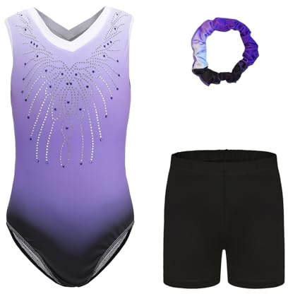 Cucudy flicka tredelad gymnastikdräkt, gymnastiktröjor gradient set med shorts hårband, glittrande ärmlös för dans balett gymnastik sportig för små flickor från 5–12 år, B68-lila+shorts, Tag 6A(5-6