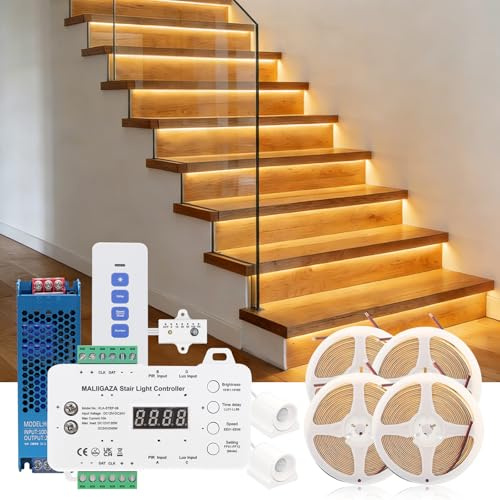 LED Motion Sensor Stair Light Kit 20 Stairs 3000K with Daylight Sensor | Step by Step Lighting, PIR Sensor Motion Triggered, 1m Cuttable Dotless COB Strips, Remote Control, Indoor Staircase Lighting