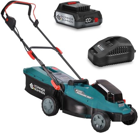 K&S Könner&Söhnen set KS 33LM-20V Akku Rasenmäher 20 V, Schnittbreite 33 cm, Schnitthöhe 25–75 mm, Elektro rasenmäher mit 5 Positionen, mulchmäher mit Grasfangbox 30 l+Ladegerät für Li-Ion Akku KS C24