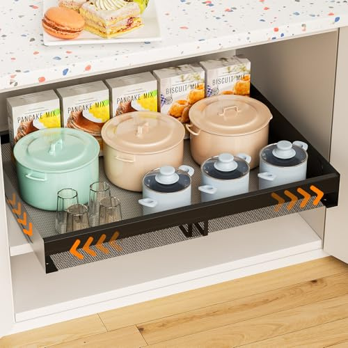 Denmay Teleskopschublade, Verstellbare Breite Ausziehbarer Schrank Organizer, Erweiterbar Ausziehbare Schublade mit Klebefolie(Kein Bohren) und Schrauben, Breite Verstellbar (32–54 cm) (Schwarz)