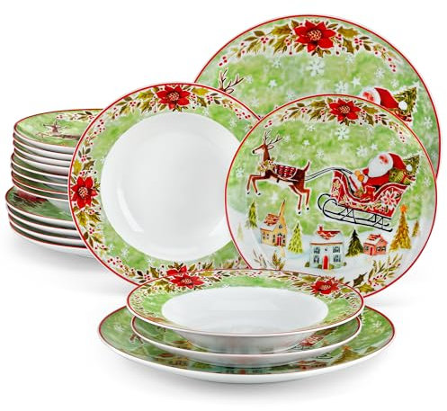 VEWEET, Série XMAS, 18 Pièce Service de Table de Noël pour 6 Personnes | Vaisselle en Porcelaine pour Fête de Noël | Assiette Plate/Dessert et Assiette Creuse | Va au Lave-vaisselle | Vert et Blanc