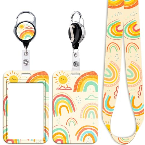 Juanooo Cordino arcobaleno per chiavi, cordino identificativo da lavoro, porta carte e bobina retrattile per badge carino per donne, uomini, bambini, adolescenti, scuola, insegnanti, infermieri