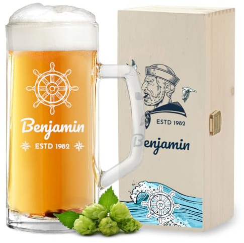 polar-effekt Bierkrug 0,5 L mit Gravur und Holzkiste mit UV-Druck - Personalisiertes Geschenk-Set mit Namen - Ideal als Geburtstagsgeschenk - Für Pils und Export