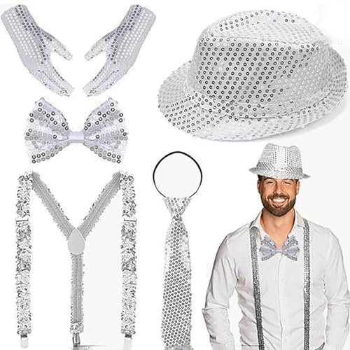 Glitzer Accessoires Outfit Herren mit Jazz Hut Fliege Handschuhe Krawatte Kostüm Silber Pailletten 70er Jahre Disco Performance Zubehör Sets
