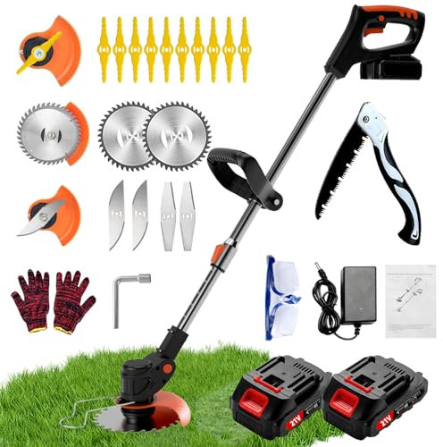 Gompuy Decespugliatore a Batteria, Decespugliatore Elettrico Con Lama in Metallo, Tagliabordi a batteria Con 2 Batterie da 21V 2000 mAh, Maniglia a scomparsa e rotazione della testa di 90°