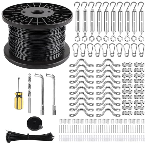 Kalolary 400Ft String Light Hanging Kit, Garden Wire Rope Kit Coated Stainless Steel Wire Rope, Hanging Wire for Climbing Plant, Deck Railing, Curtain, Clothes, Catenary Wire Kit