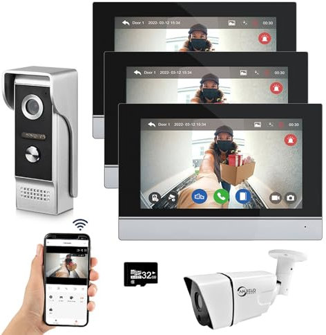 ANJIELO SMART Wired Video Intercom System Tuya WiFi 7 Inch Touch Screen 1080P Doorbell Camera Intelligent Tuya APP Intercom Kit with Motion Detection (1doorbell+3monitor+1camera)
