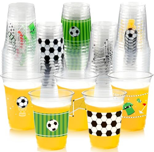 50Pcs Soccer Party Decorations Cups, 12 OZ Disposable Plastic Drinking Cups for Sports Themed Tailgate Events Game Day Football Soccer Birthday Christmas Party Decor Supplies Favors