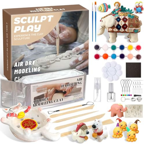 Gohytal Töpferset, Ton-Töpfer-Set für Anfänger, Töpfer-Set für Zuhause mit Acrylfarben, Stempeln und Werkzeugen, Keramik Set für Erwachsene und Kinder, Töpfern perfekt für kreative Projekte & DIY