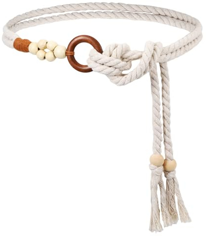 YQQYG Cintura in corda intrecciata con nappe, stile bohémien, con perline di legno, per abiti, gonne, tuniche, Bianco sporco, M
