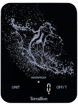 TERRAILLON - AQUA RESIST - Balance de cuisine électronique, Etanche IP67, Ecran Magic LED Rétroéclairé, Capacité 8kg, Graduation 1g, Sans piles, Recharge USB-C, Noir