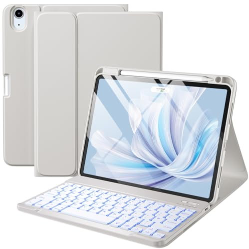 Vobafe Clavier pour iPad Air 11 Pouces M3 2025/M2 2024, iPad Air 10.9 Pouces 2022 5/4ème 2020, Détachable Keyboard 7 Couleurs Rétroéclairées avec Porte Crayon, AZERTY Layout Coque Clavier, Gris Clair