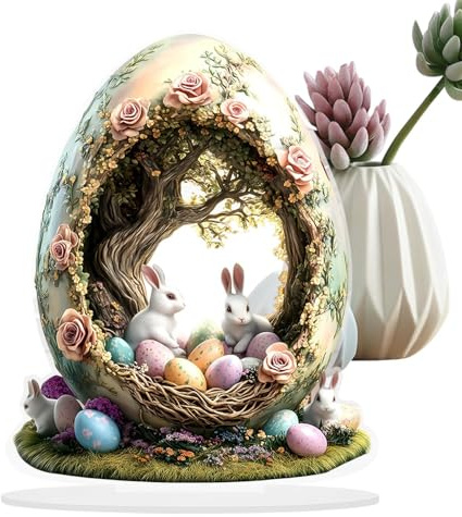 Misaakoeq Häschen im Eierhaus-Statue, Acryl, 2D, flach, Kaninchen im Eierhaus, Ostern, Landhausstil, handgefertigt, Frühlingshandwerk für Zuhause, Innendekoration