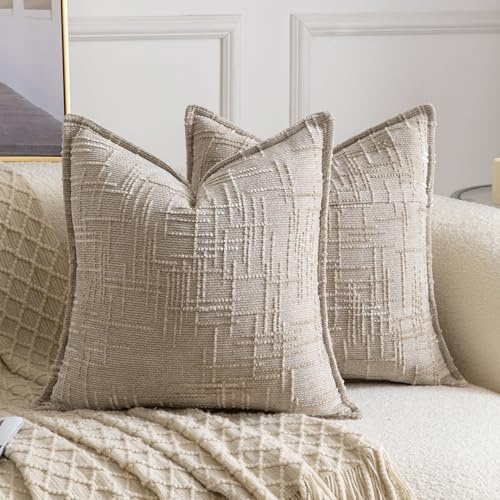 Madizz 2er Set Chenille Dekorativ Kissenbezüge Weiche neutrale Wurfkissen für Sofa Boho Akzent Zierkissenbezüge für Schlafzimmer Wohnzimmer Modernes Zuhause Dekor Taupe 50x50 cm