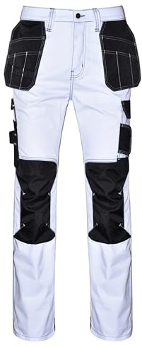 STRUD FIT White Work Trousers Men Durable Fabric, Holster, Knee Pad & Mobile Pockets Painters Decorators Cargo Pants Work Utility & Safety Trouser (UK, Waist & Inseam, 38, 30, White 1)