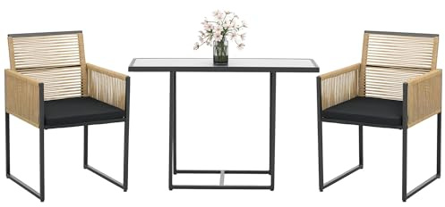 Outsunny Conjunto de Muebles de Jardín 3 Piezas Diseño Anidado Juego de Sillas y Mesa de Ratán con Respaldo Plegable Cojines y Mesa con Tablero de Vidrio Templado para Patio Terraza Natural y Negro