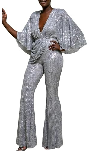 YIzdegg Jumpsuit paljetter dam festliga byxor stora storlekar affärsoverall, elegant glitterbyxdräkt, lång romper, utsvängd onepiece, ärmlös sparkdräkt, jumpsuits lekdräkter, silver, L