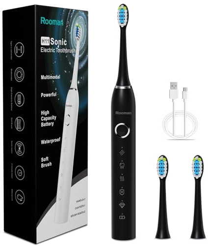 Rooman Spazzolino elettrico sonico per adulti, 20.000 vibrazioni al minuto, 5 modalità di pulizia, batteria 90 giorni, spazzolino elettrico con timer, impermeabile IPX7, 2 testine sostituibili (nero)