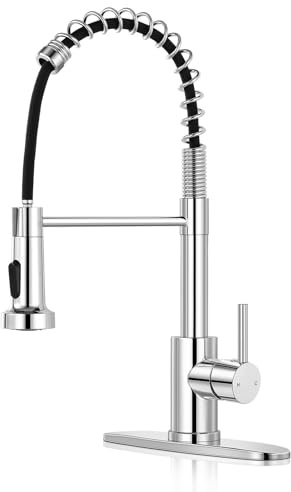 KHQF Kitchen Faucet with Pull Down Sprayer,Commercial Single Handle Stainless Steel Kitchen Faucets with Deck Plate (Chrome)
