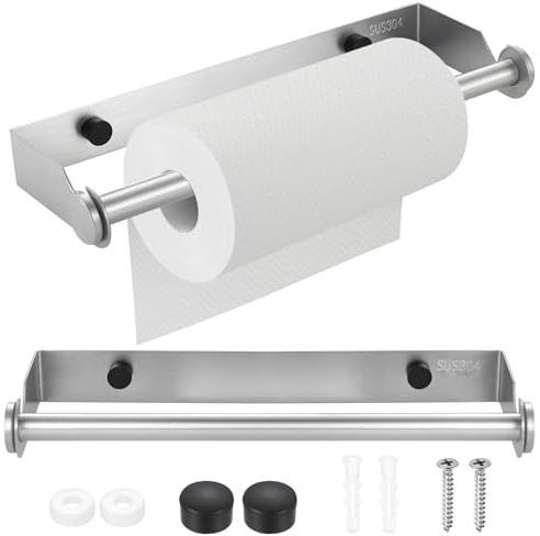 Stainless Steel Kitchen Roll Holder Wall Mounted, Kitchen Paper Roll Holder Wall Mounted Paper Towel Holders for Kitchens Bathrooms Living Rooms, with Screw Accessories (Silver)