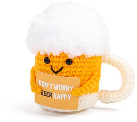 Bafiwu Bier Geschenke für Männer, Handgemachtes Häkel-Bierkrug Plüschtier mit Motivationskarten, Lustige Bier Gadgets Witzige Geschenke Positive Geschenk Alles Wird Gut Geschenk TtrostGeschenke