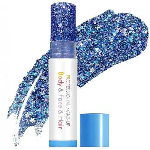 Sparkling Blue Holographic Glitter Gel for Faces, Bodies & Hair - Chunky Star-Shaped Shimmer Professional Makeup for Long-Lasting Festival, Rave Stage Performance, Theatrical & UV Glow