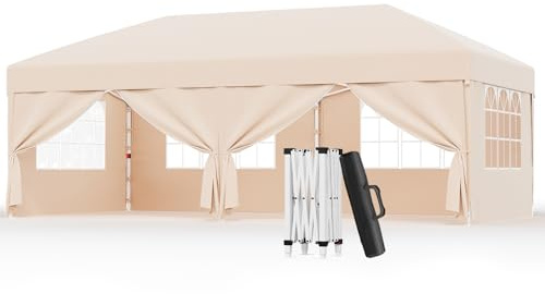 Devoko Tonnelle Pliante de Jardin Exterieur, Tonnelle Pliante 3x6M, Hauteur Réglable, Barnum Pliant avec 6 Côtés, Tonnelle de Jardin pour Camping/Fête/Festival, Pergola 3x6-Protection UV50+ Beige