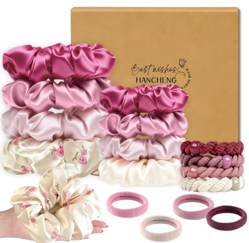 Hancheng Set med 16 hårsnoddar dam, 8 hårsnoddar silke scrunchies4 elastiskt hår slips för flickor och kvinnor (pastellserie)