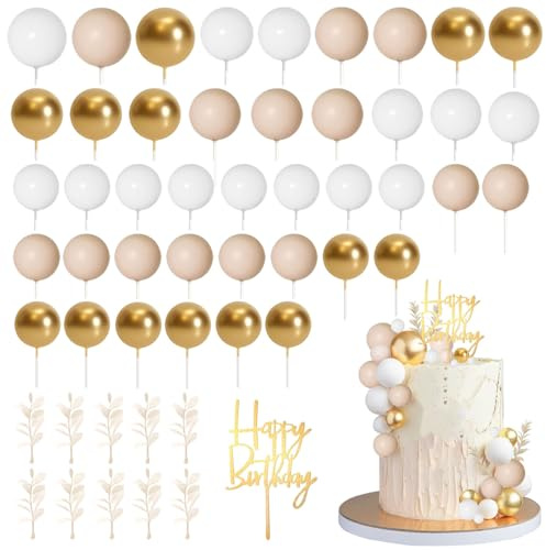 53Pcs Ball Cake Toppers, Happy Birthday Cake Topper(Khaki+Gold) | Ball Cake Insert Cake Decorations, Boho Grass Cake Toppers for Birthday Wedding Bohemian Party Sup