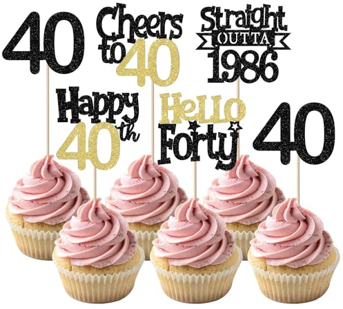 SYKYCTCY 30 Pack Straight Outta 1986 Cupcake Toppers Glitter Black Gold Hello Fourty Happy 40th Birthday Cupcake Picks Cheers to 40 Years Cake Decorations for Happy 40th Birthday Party Supplies