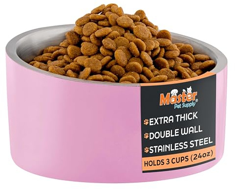 Master Pet Supply Stainless Steel Slanted Dog Cat Food Bowl - 24 oz Heavy Duty - Hyper Pink, Double Wall Insulated, Non-Slip Elevated Bowl for French Bulldogs Pugs Cats, Anti Rust Dishwasher Safe