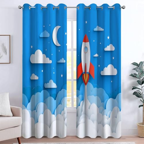 Rideau Occultant 2 Panneaux (Totale L234 cm x H229 cm) Rideaux Anti Bruit, Isolant Anti Froid A Oeillets, Décoration de Porte Fenêtre Intérieurs, Fusée Lancement Nuages Créativité Exploration Bleu