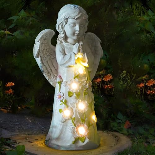 SGZIOO Engel für Grab Wetterfest, Solar Engel Figur, Grabengel Wetterfest mit Led Solarleuchten, wasserdichte Betende Grabengel, Grabschmuck Wetterfest für Friedhof Outdoor Gartendekoration 20.7cm