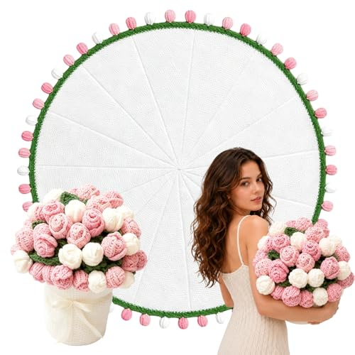 Crochet Flower Bouquet Throw Blanket, Handmade Knitted Blanket with Rose Flowers, Cute Romantic Gift for Her & Girlfriend & Mom Valentine Wedding Anniversary Birthday, Gradient Pink White (110cm)