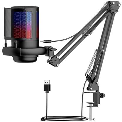 Condenser Microphone with USB, Noise Cancellation, Pop Filter, Gaming Boom Arm, Mute and Gain Controls, RGB Indicator for Streaming, Podcasting, Discord, PC