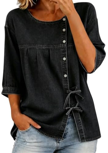 Dam denim skjorta 3/4 ärm knapp framsida fluga ledig lös blus | Sidoslips knut Chambray skjorta, knappar jeanstoppar, sommar cowboy outfit