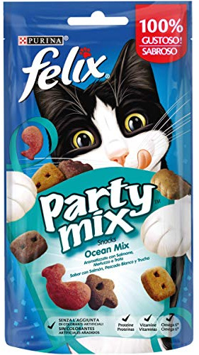 FELIX Party Mix Snack per Gatti Adulti - Croccantini per Gatti con Salmone, Merluzzo e Trota, 8 Confezioni da 60 g
