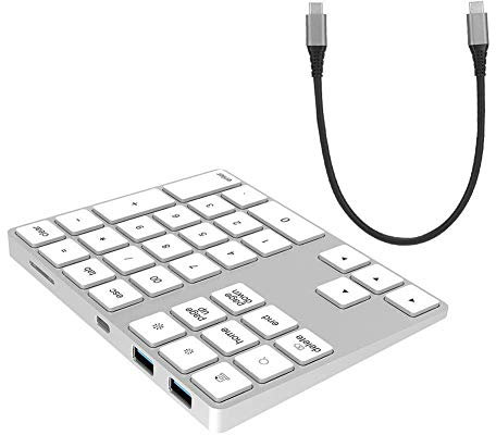 Bewinner Bluetooth Nummernblock, Nummernpad, Ziffernblock, Drahtlose Tastatur Ziffernblock 34 Tasten USB Tastatur 3,7 V / 2 mA Hub Typ C USB 3.0 Ergonomische Tastatur Für