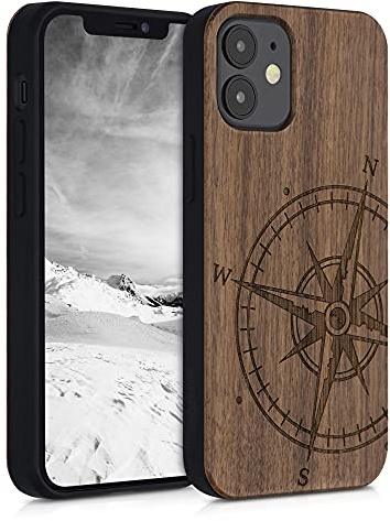 kwmobile Hülle kompatibel mit Apple iPhone 12 mini Hülle - Holz Case - Handy Cover - TPU Handyhülle in Dunkelbraun Kompass Vintage